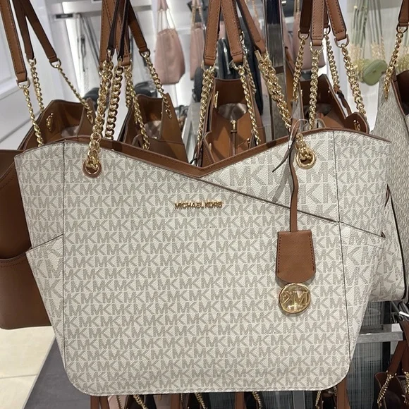 Michael Kors Jet Set Travel Large Chained Tote Shoulder Bag MK Vanilla - Picture 12 of 16